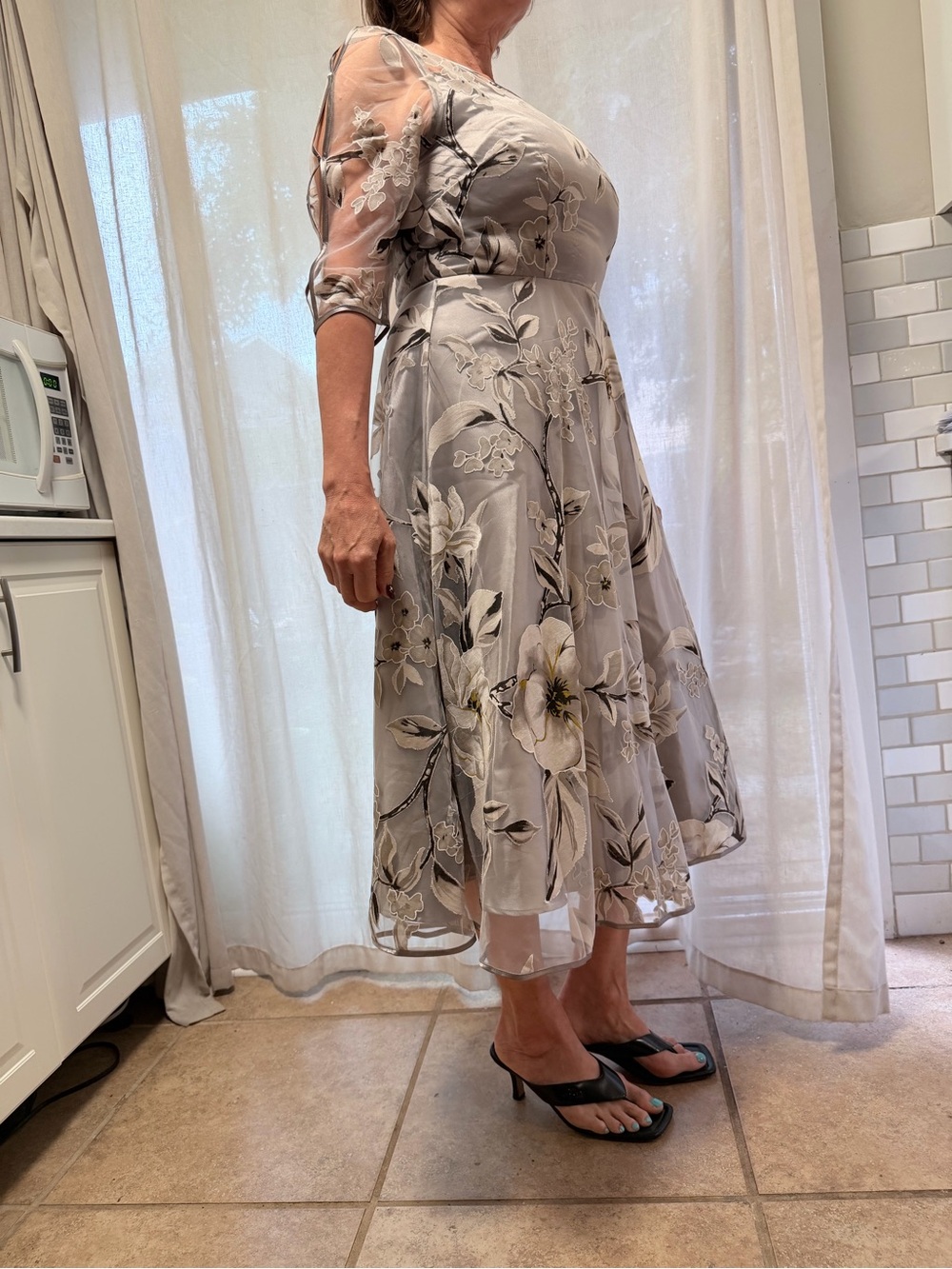 Elegant Silver Floral Midi Dress with Sheer Sleeves